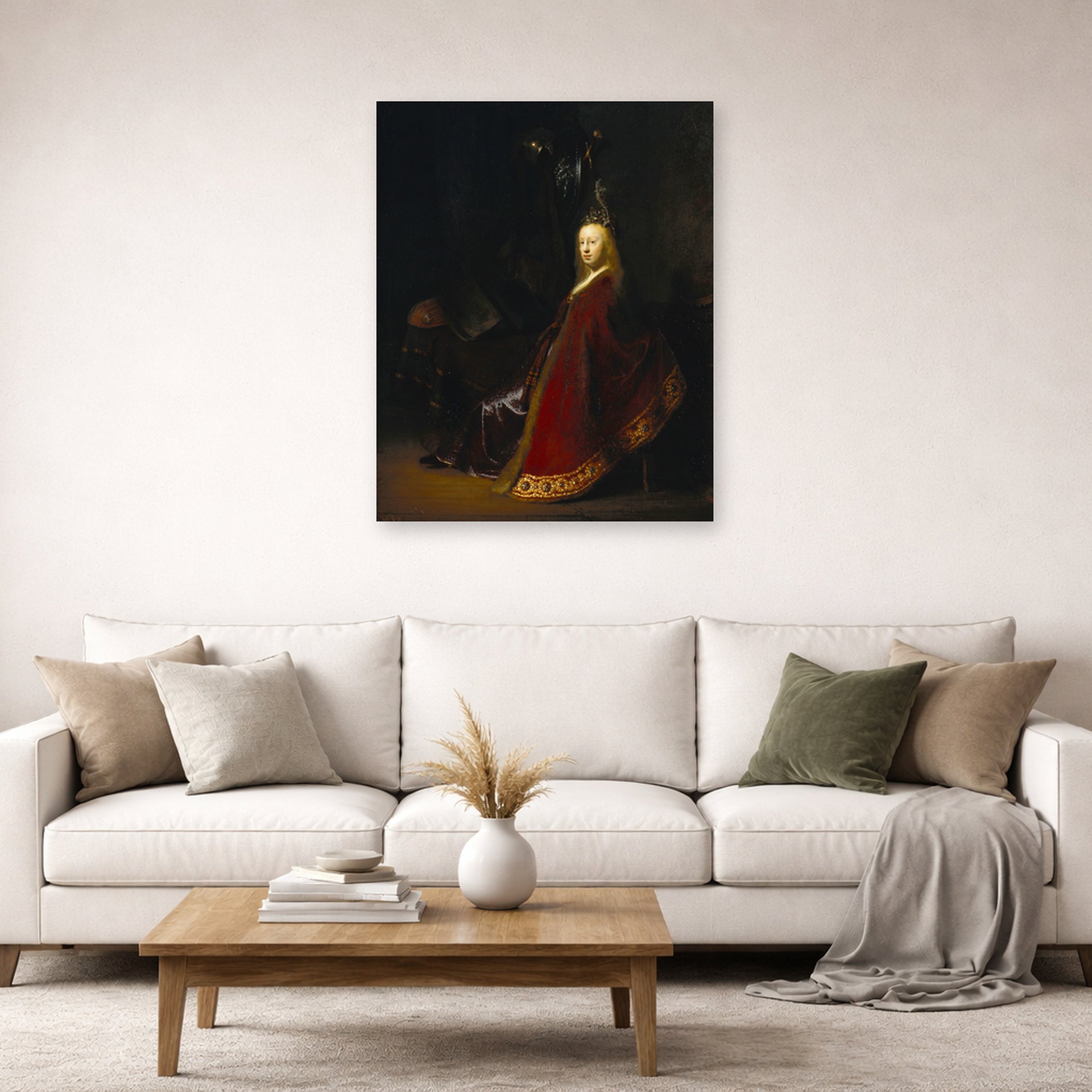Unframed poster print of Rembrandt's Minerva displayed on a wall in a living room