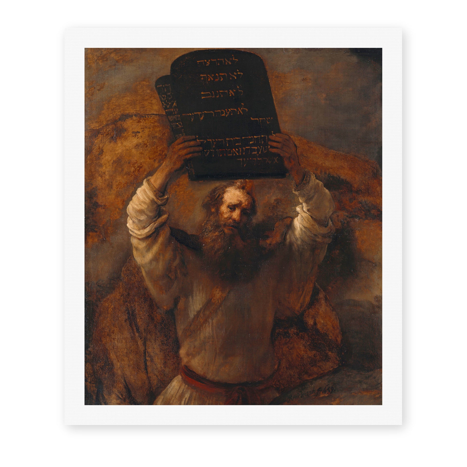 Rembrandt's 'Moses with the Ten Commandments' painting reproduced as a rolled canvas print