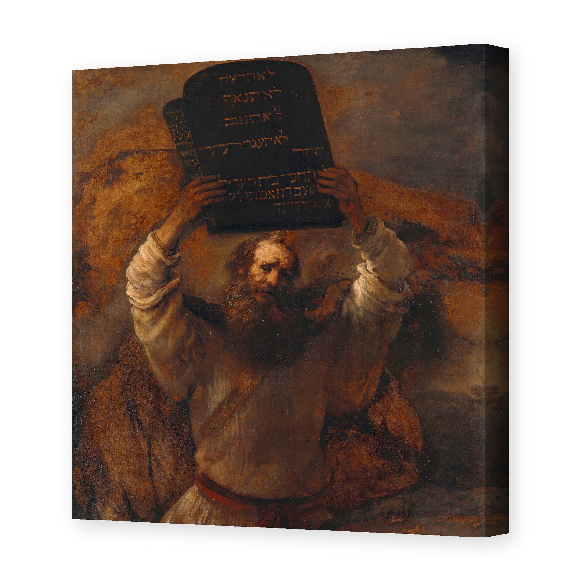 Rembrandt's 'Moses with the Ten Commandments' painting reproduced as a gallery-wrapped canvas print