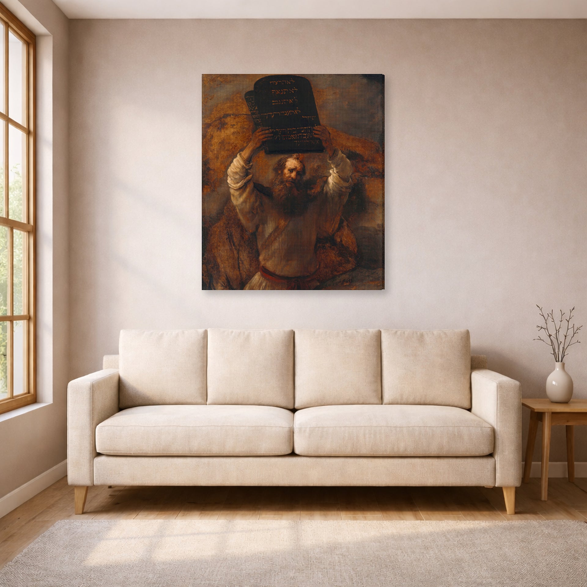 Gallery-wrapped canvas print of Rembrandt's Moses with the Ten Commandments displayed on a wall in a living room