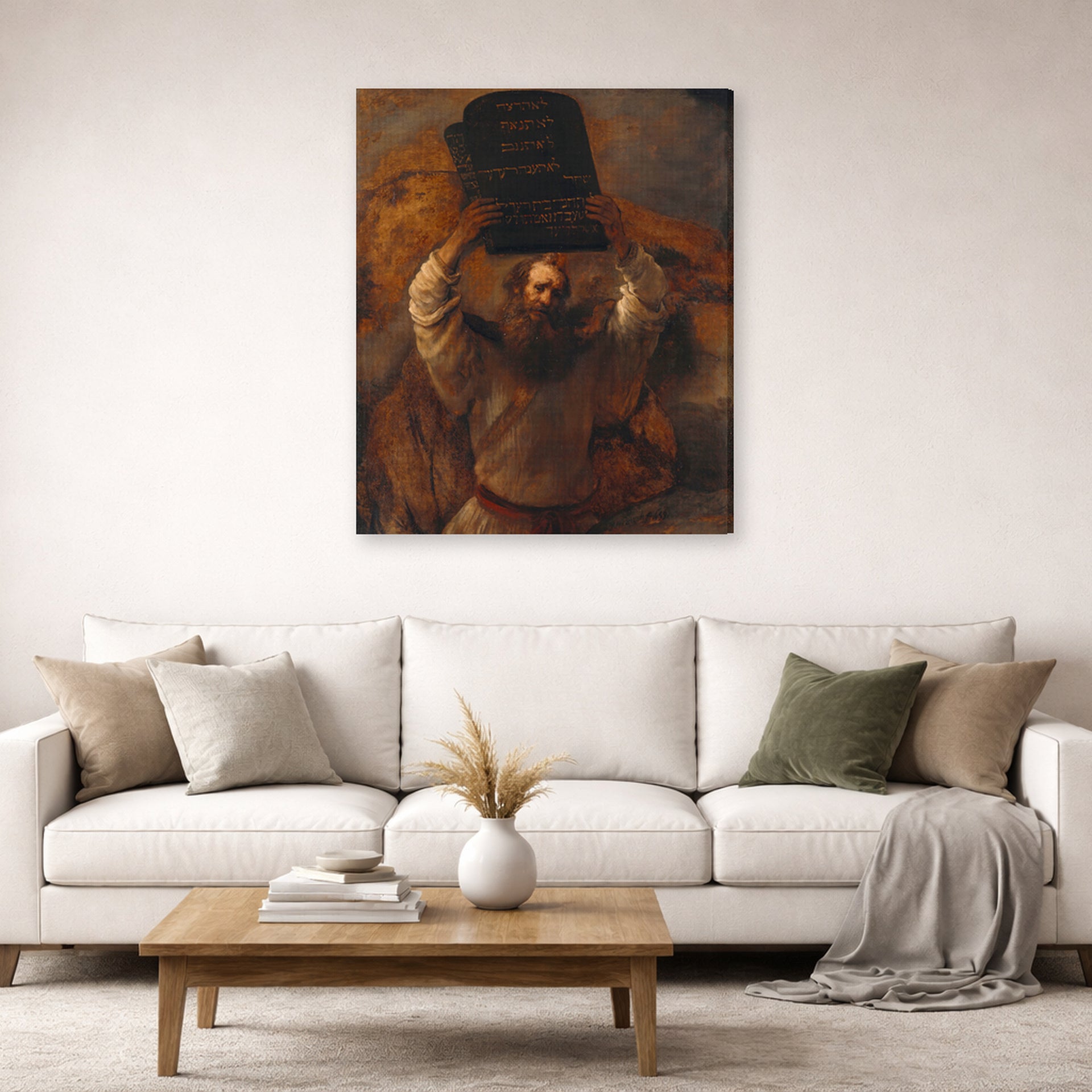 Gallery-wrapped canvas print of Rembrandt's Moses with the Ten Commandments displayed on a wall in a living room