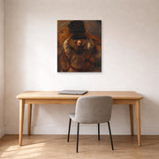 Gallery-wrapped canvas print of Rembrandt's Moses with the Ten Commandments displayed on a wall in an office
