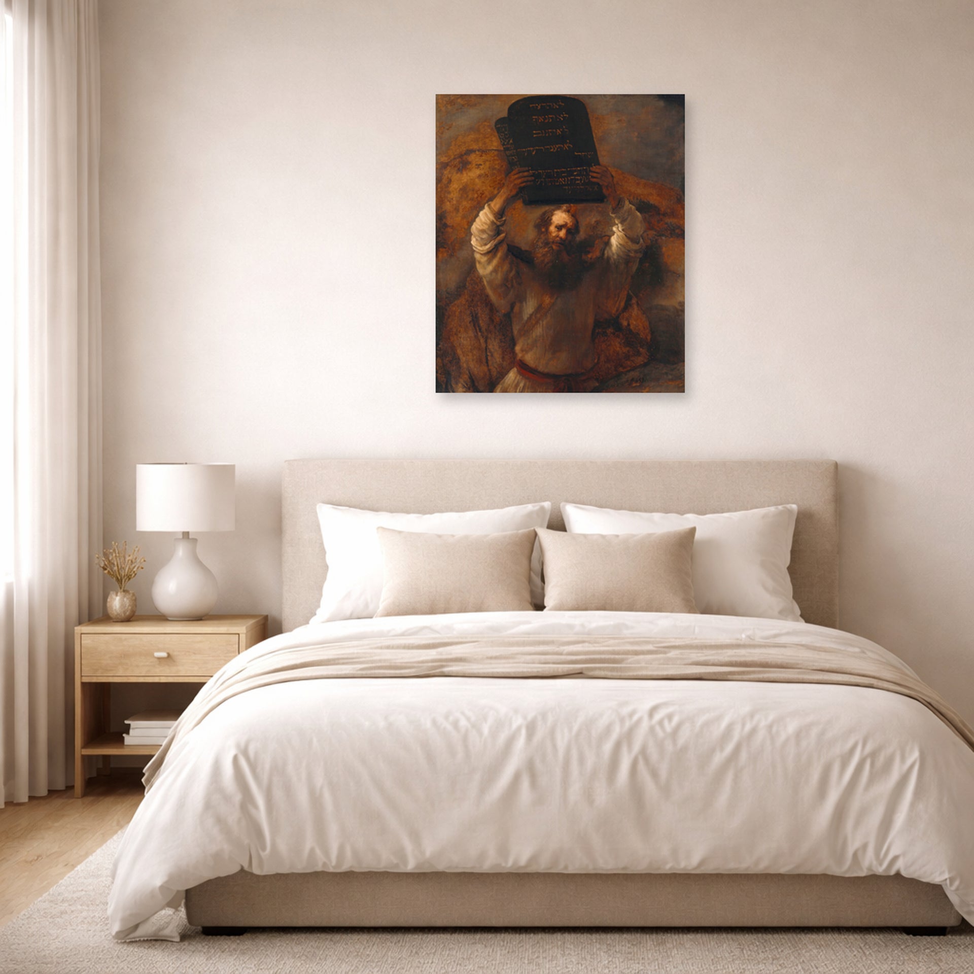 Unframed poster print of Rembrandt's Moses with the Ten Commandments displayed on a wall in a bedroom