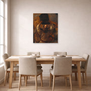 Unframed poster print of Rembrandt's Moses with the Ten Commandments displayed on a wall in a dining room