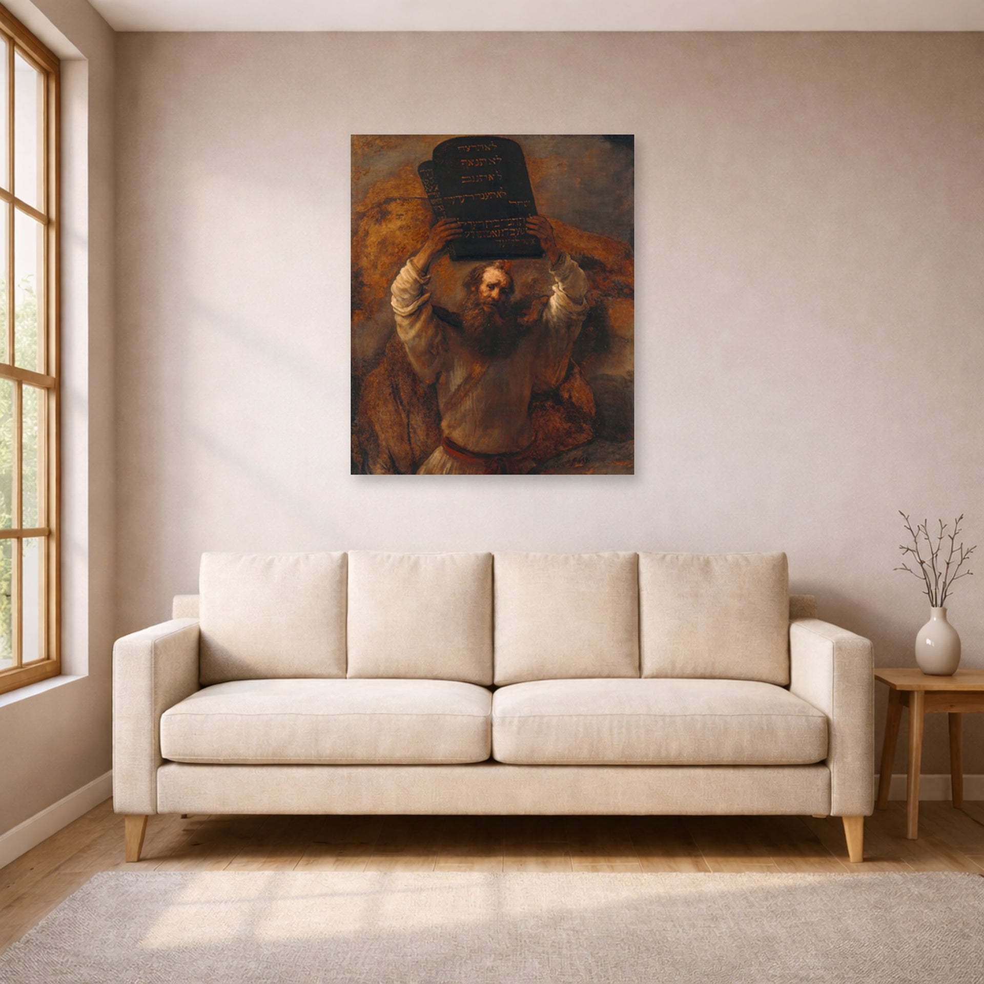 Unframed poster print of Rembrandt's Moses with the Ten Commandments displayed on a wall in a living room