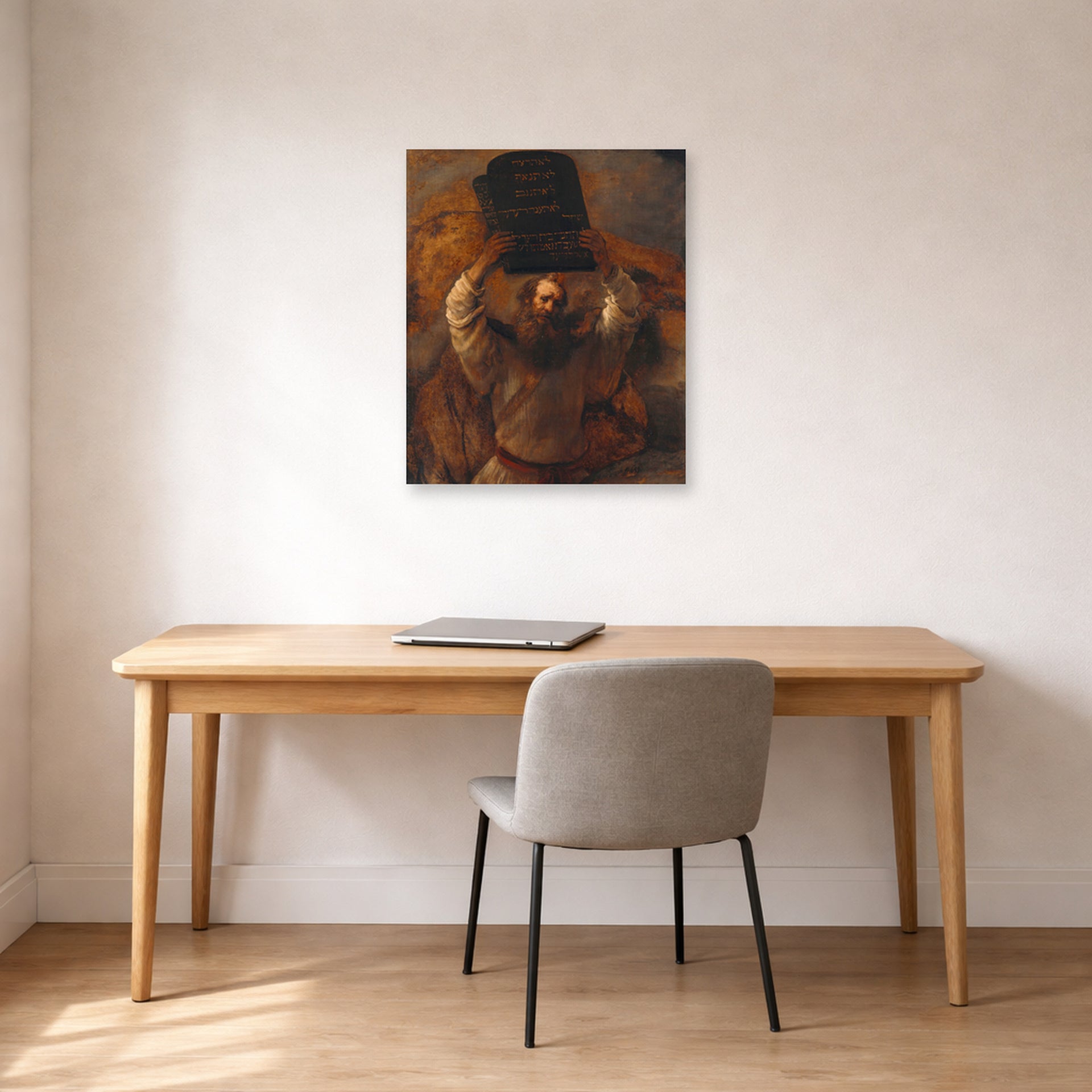 Unframed poster print of Rembrandt's Moses with the Ten Commandments displayed on a wall in an office