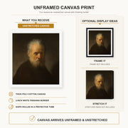 Rembrandt - Old Man with Beard canvas print size comparison and framing display infographic