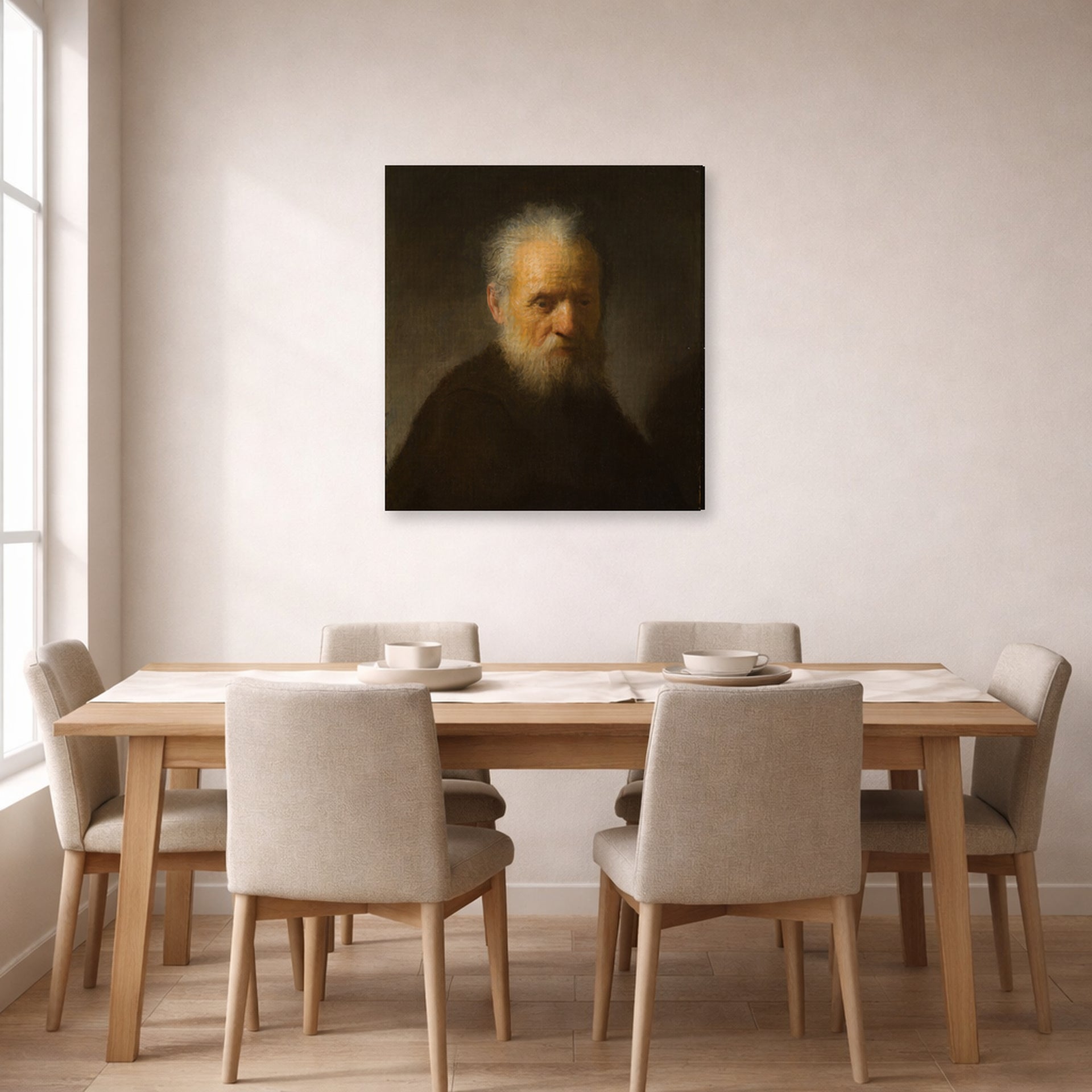Gallery-wrapped canvas print of Rembrandt's Old Man with Beard displayed on a wall in a dining room