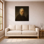 Gallery-wrapped canvas print of Rembrandt's Old Man with Beard displayed on a wall in a living room