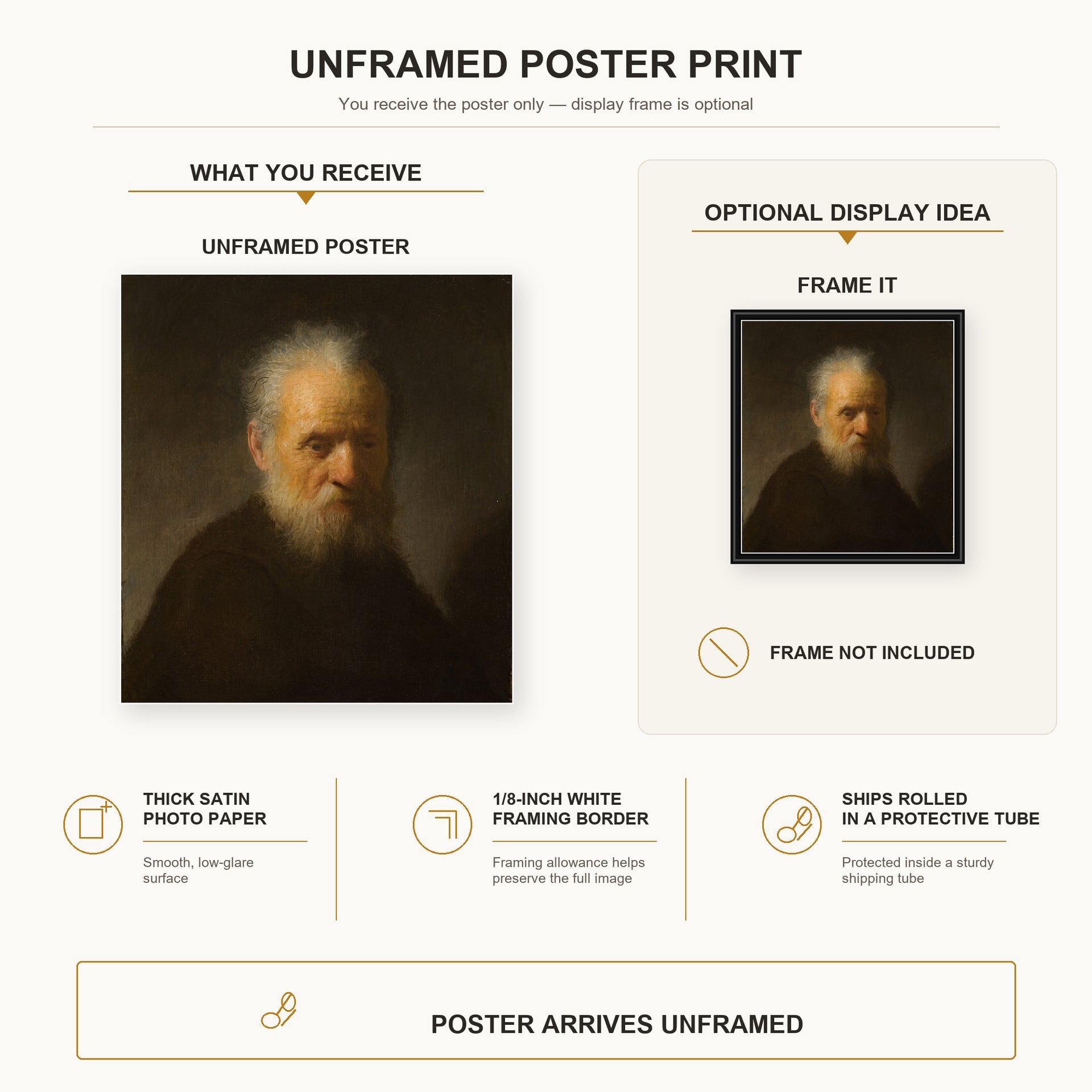 Rembrandt - Old Man with Beard poster print size comparison and framing display infographic