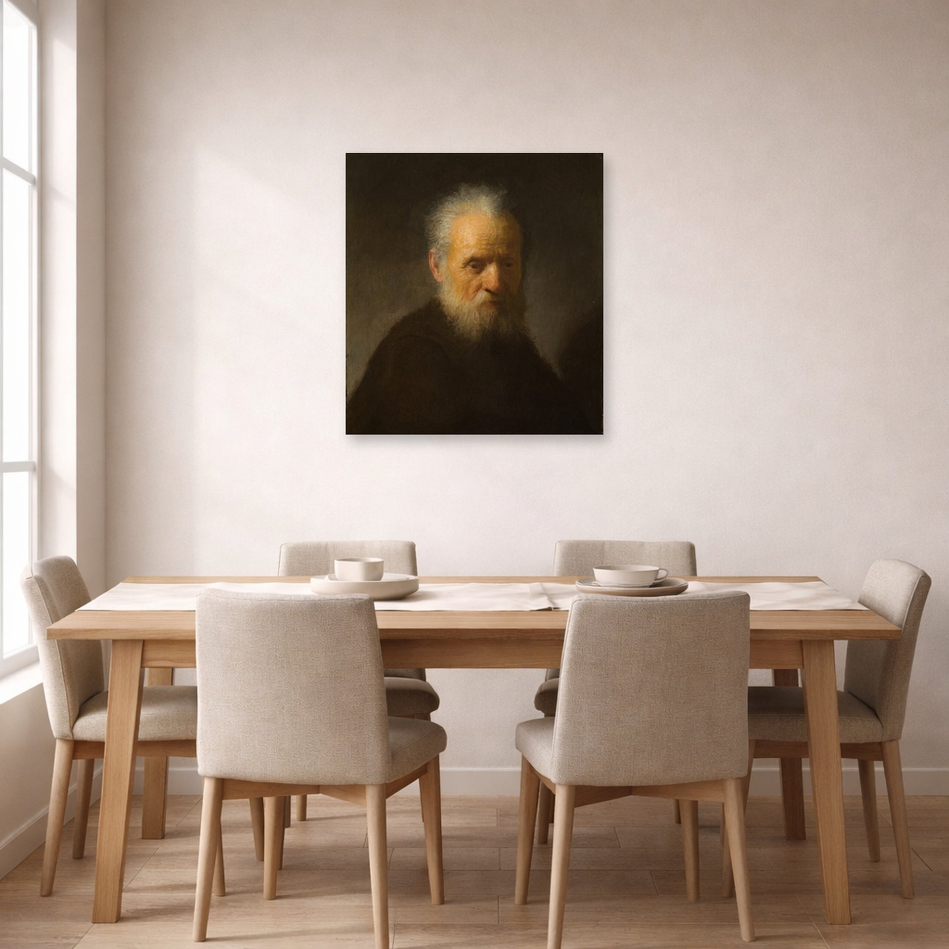Unframed poster print of Rembrandt's Old Man with Beard displayed on a wall in a dining room