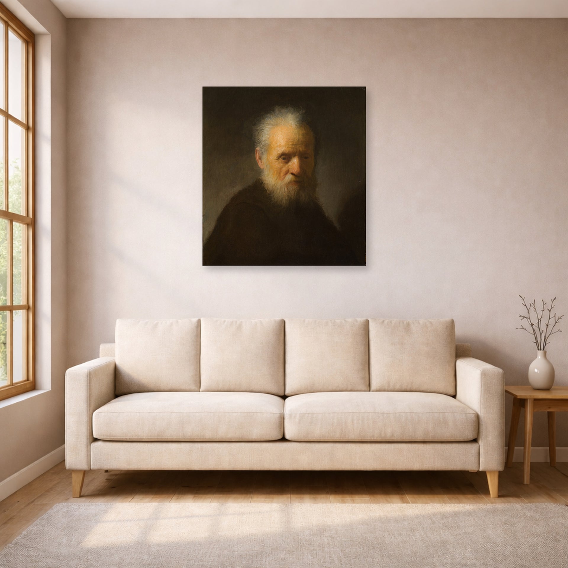 Unframed poster print of Rembrandt's Old Man with Beard displayed on a wall in a living room