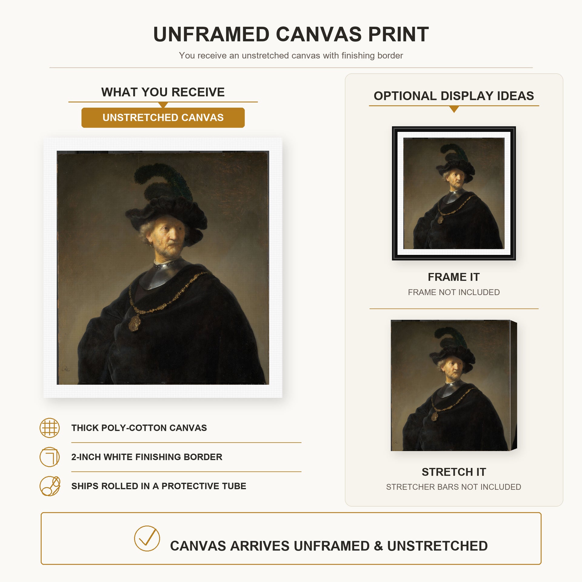 Rembrandt - Old Man with a Gold Chain canvas print size comparison and framing display infographic