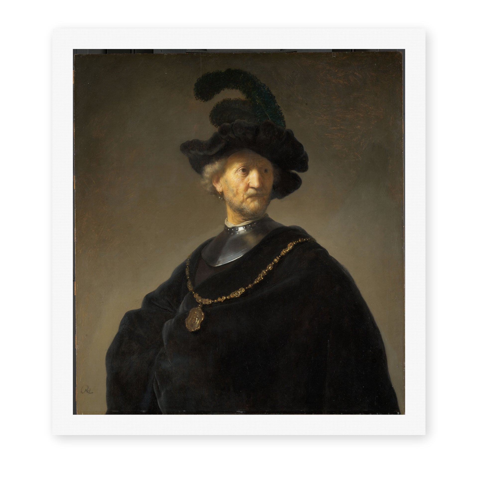Rembrandt's 'Old Man with a Gold Chain' painting reproduced as a rolled canvas print