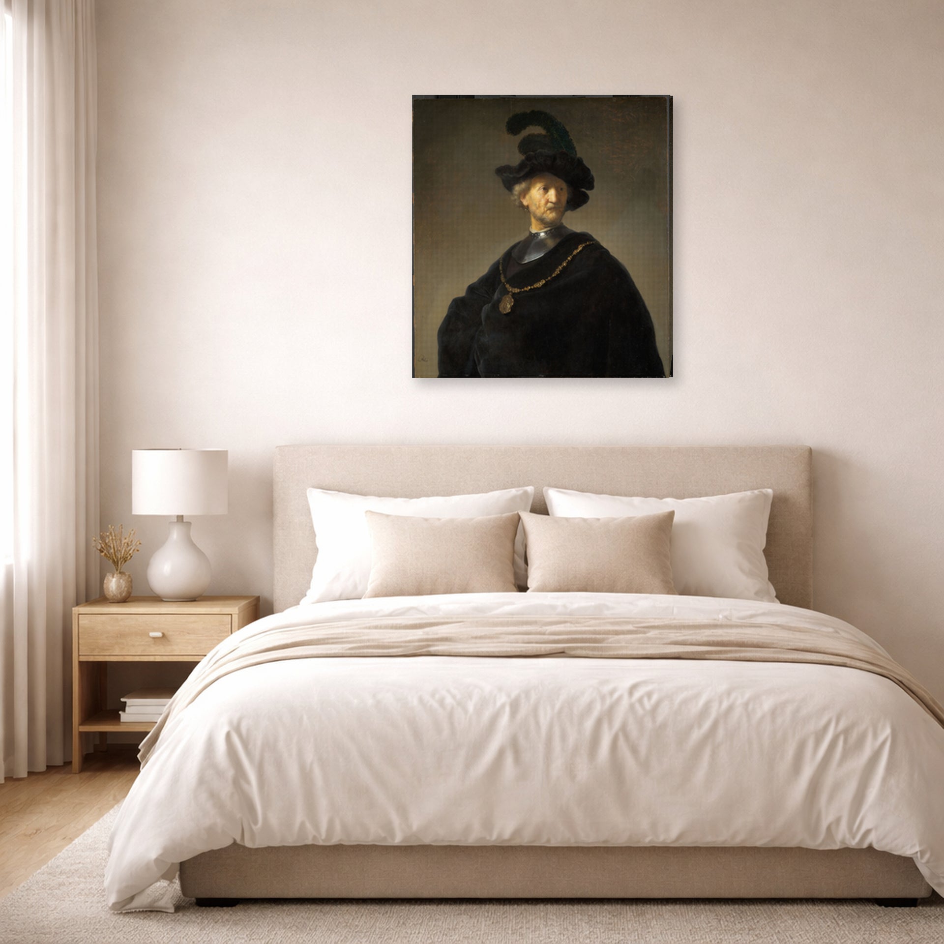 Gallery-wrapped canvas print of Rembrandt's Old Man with a Gold Chain displayed on a wall in a bedroom