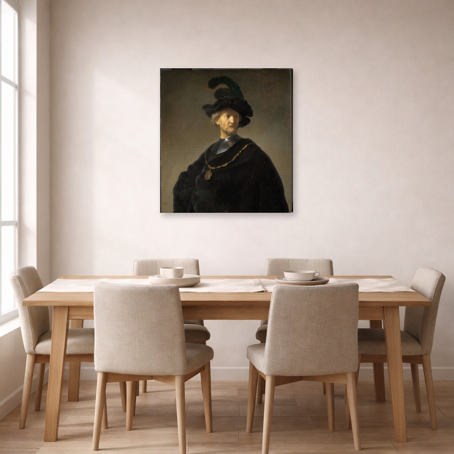 Gallery-wrapped canvas print of Rembrandt's Old Man with a Gold Chain displayed on a wall in a dining room