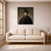 Gallery-wrapped canvas print of Rembrandt's Old Man with a Gold Chain displayed on a wall in a living room