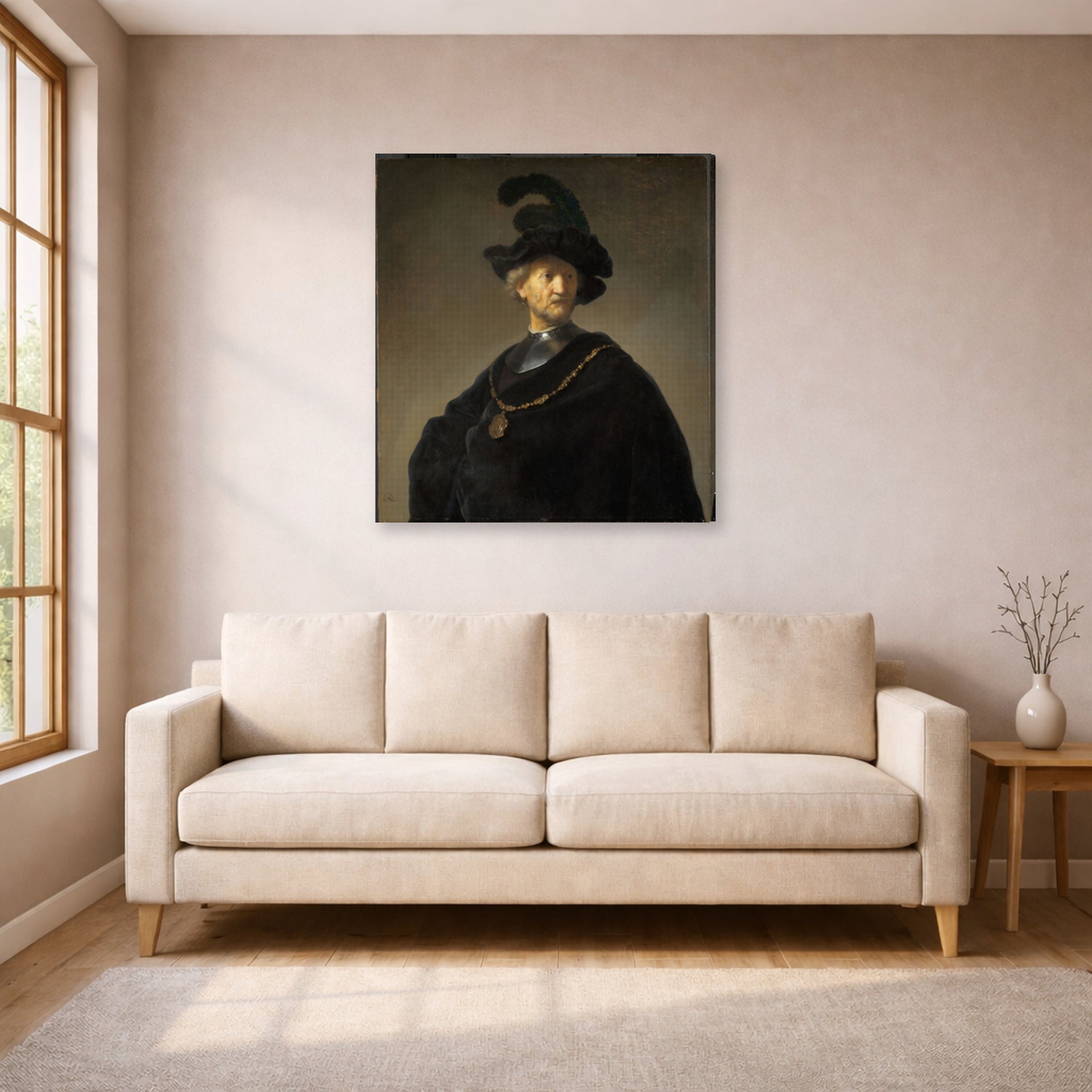 Gallery-wrapped canvas print of Rembrandt's Old Man with a Gold Chain displayed on a wall in a living room