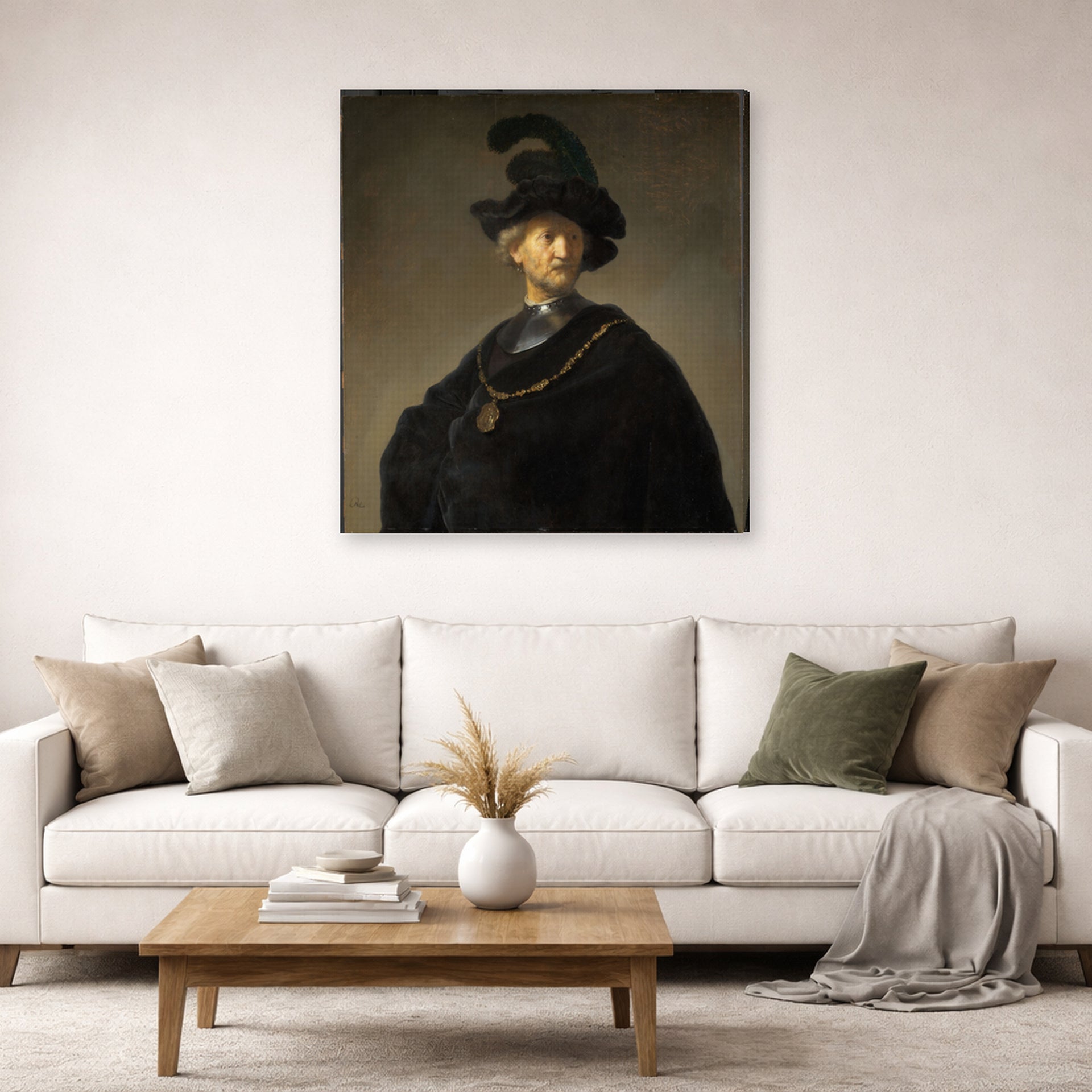 Gallery-wrapped canvas print of Rembrandt's Old Man with a Gold Chain displayed on a wall in a living room
