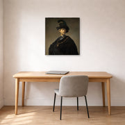Gallery-wrapped canvas print of Rembrandt's Old Man with a Gold Chain displayed on a wall in an office