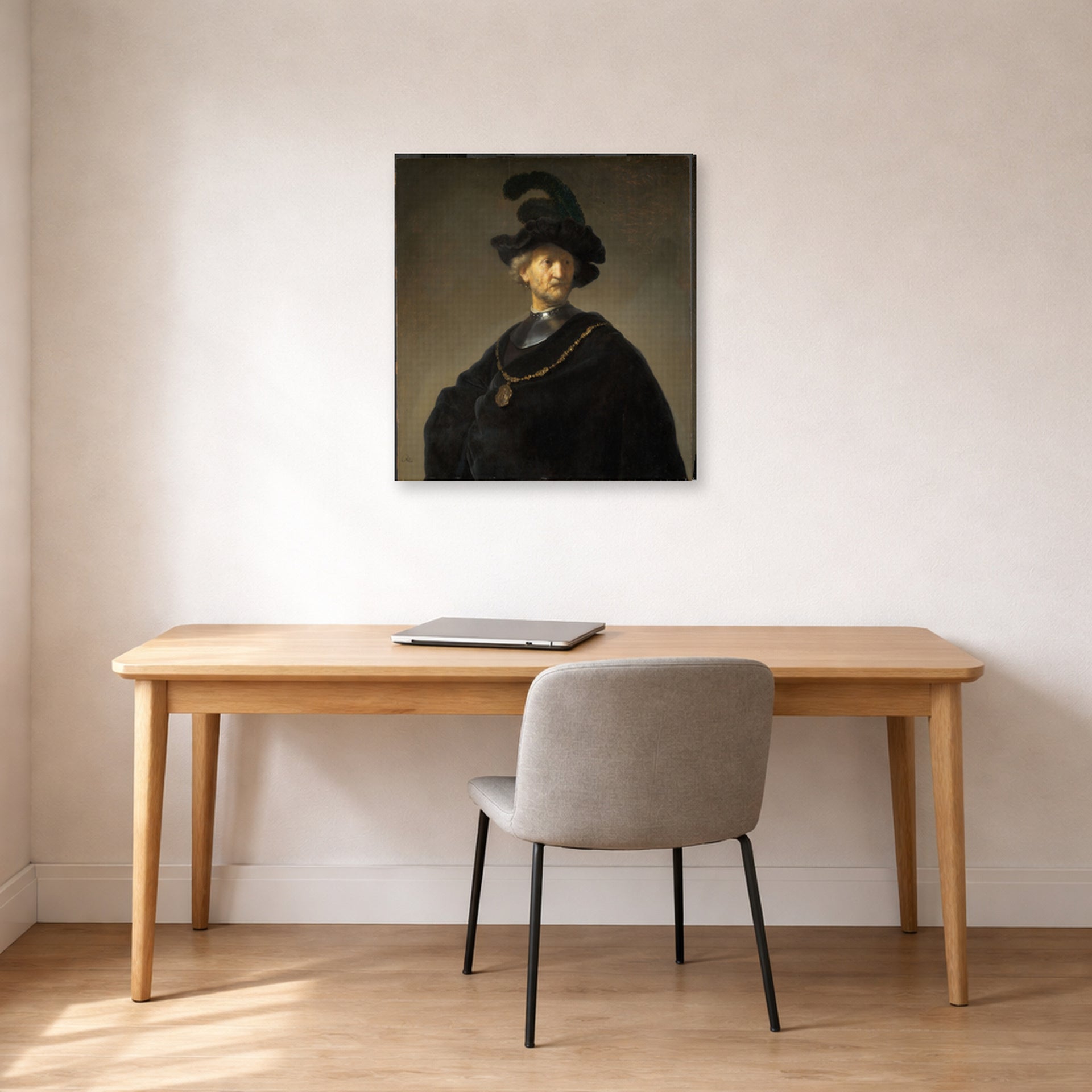 Gallery-wrapped canvas print of Rembrandt's Old Man with a Gold Chain displayed on a wall in an office