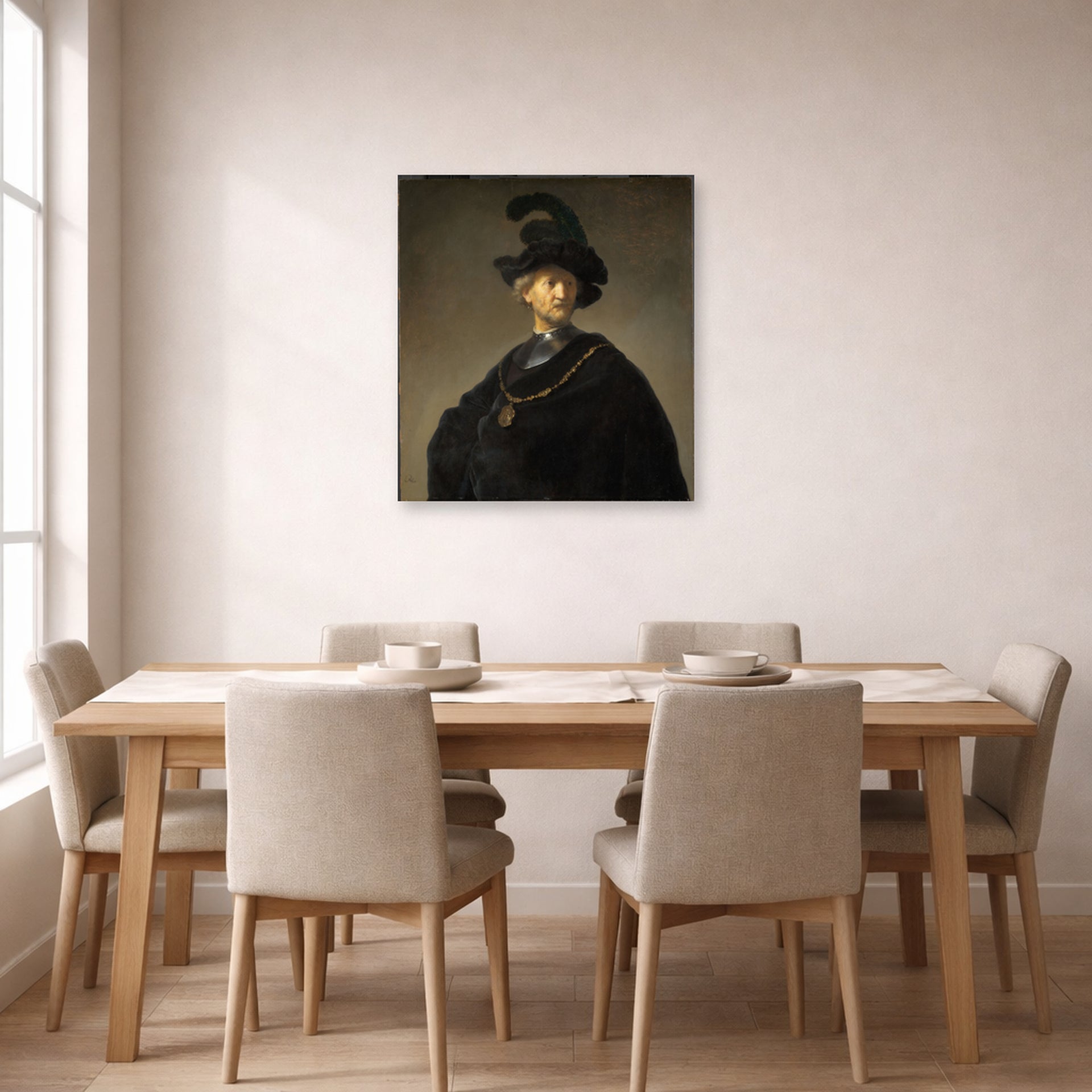 Unframed poster print of Rembrandt's Old Man with a Gold Chain displayed on a wall in a dining room