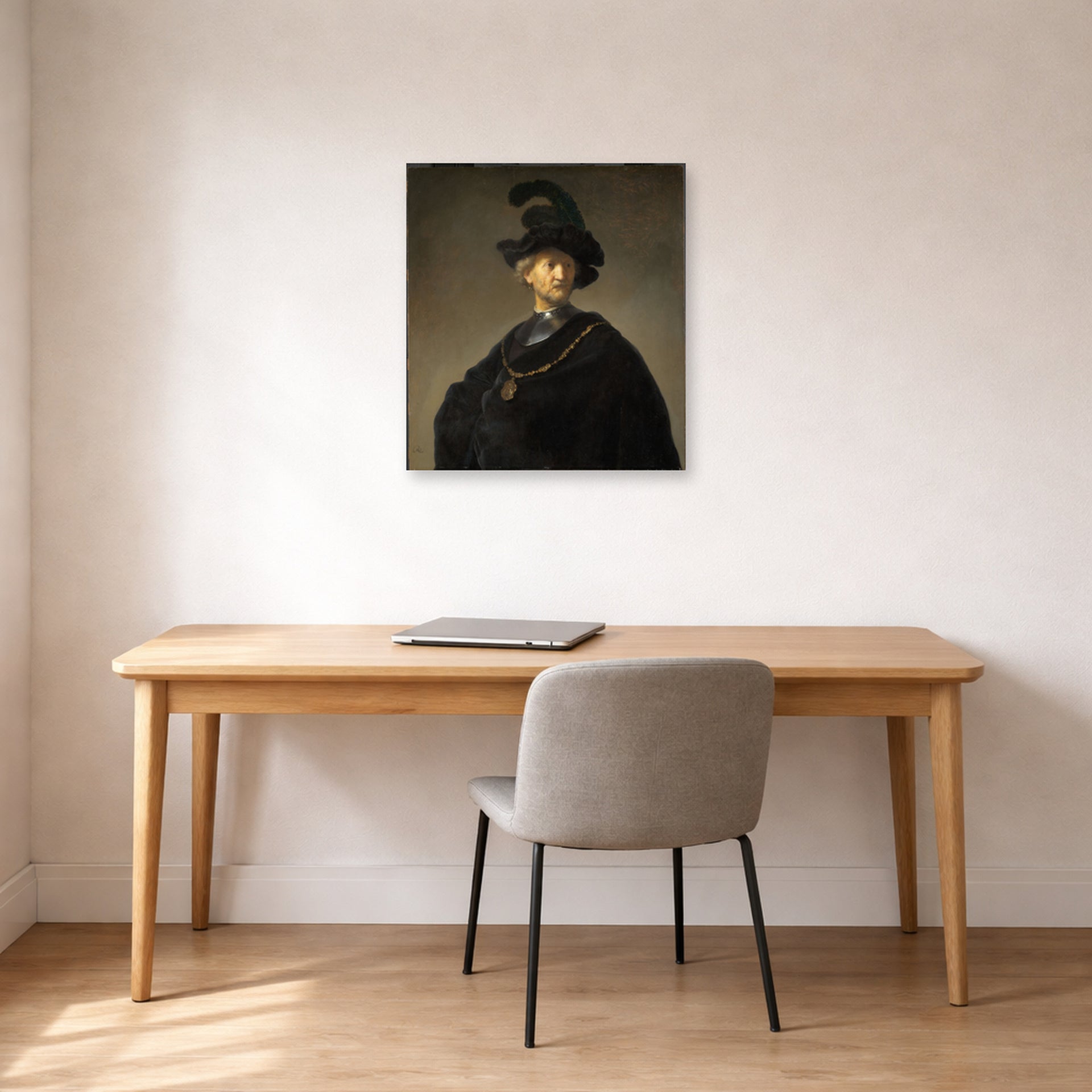 Unframed poster print of Rembrandt's Old Man with a Gold Chain displayed on a wall in an office