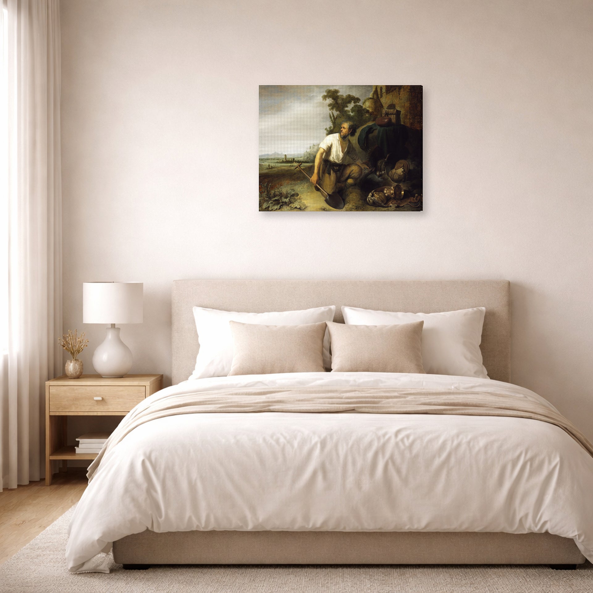 Gallery-wrapped canvas print of Rembrandt's Parable of the Hidden Treasure displayed on a wall in a bedroom