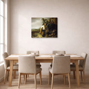 Gallery-wrapped canvas print of Rembrandt's Parable of the Hidden Treasure displayed on a wall in a dining room