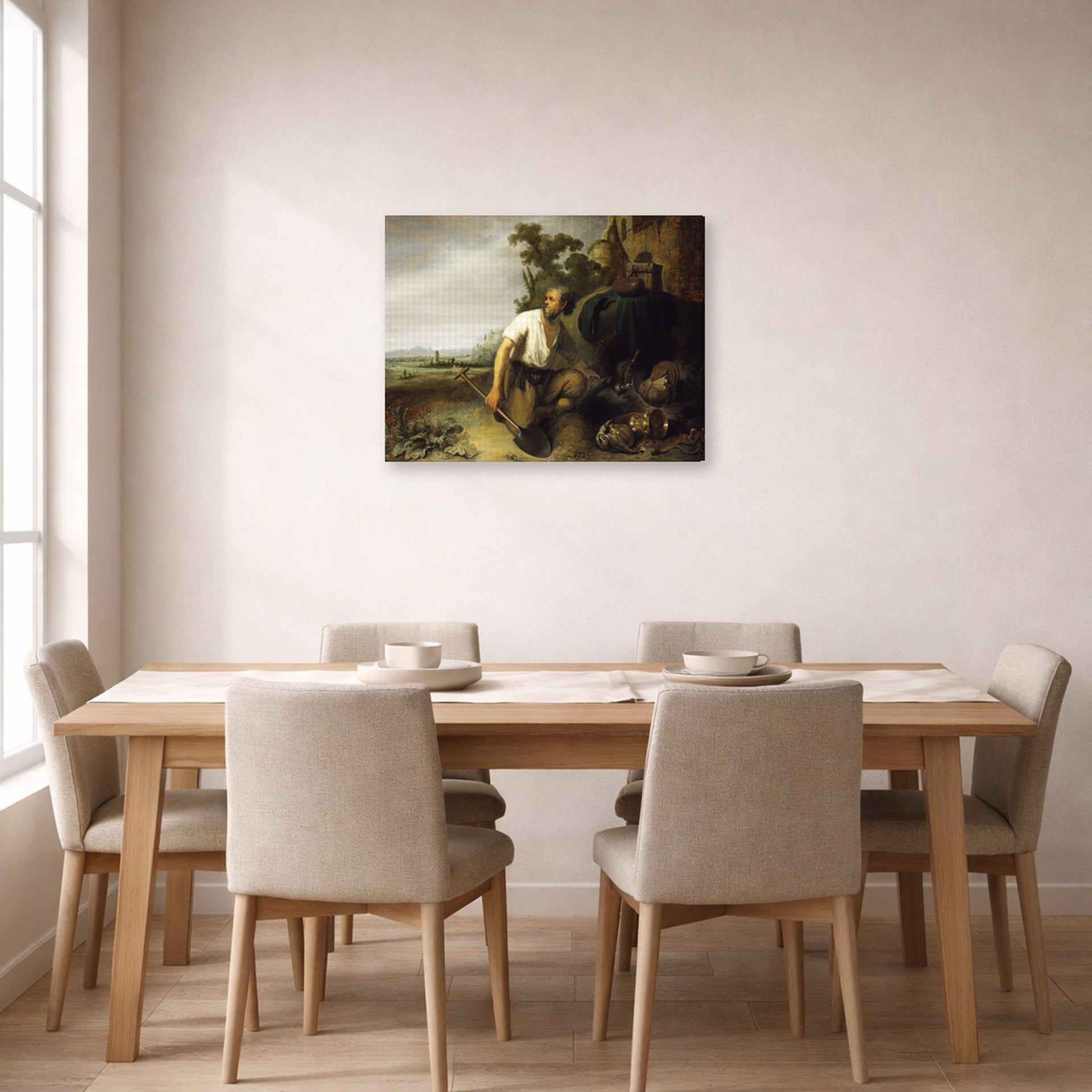 Gallery-wrapped canvas print of Rembrandt's Parable of the Hidden Treasure displayed on a wall in a dining room