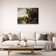 Gallery-wrapped canvas print of Rembrandt's Parable of the Hidden Treasure displayed on a wall in a living room