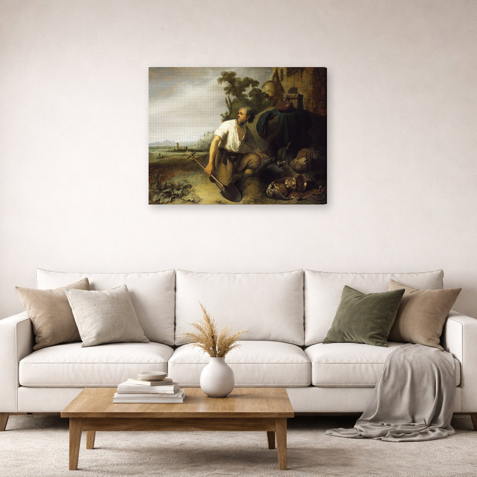 Gallery-wrapped canvas print of Rembrandt's Parable of the Hidden Treasure displayed on a wall in a living room