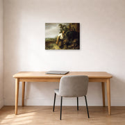 Gallery-wrapped canvas print of Rembrandt's Parable of the Hidden Treasure displayed on a wall in an office