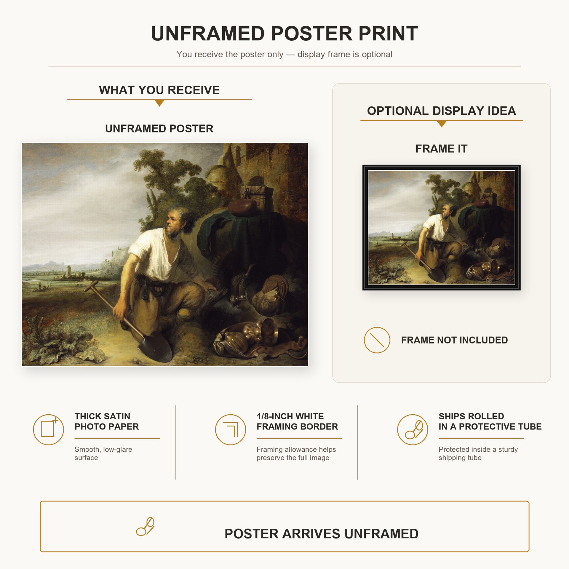 Rembrandt - Parable of the Hidden Treasure poster print size comparison and framing display infographic