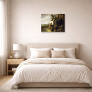 Unframed poster print of Rembrandt's Parable of the Hidden Treasure displayed on a wall in a bedroom