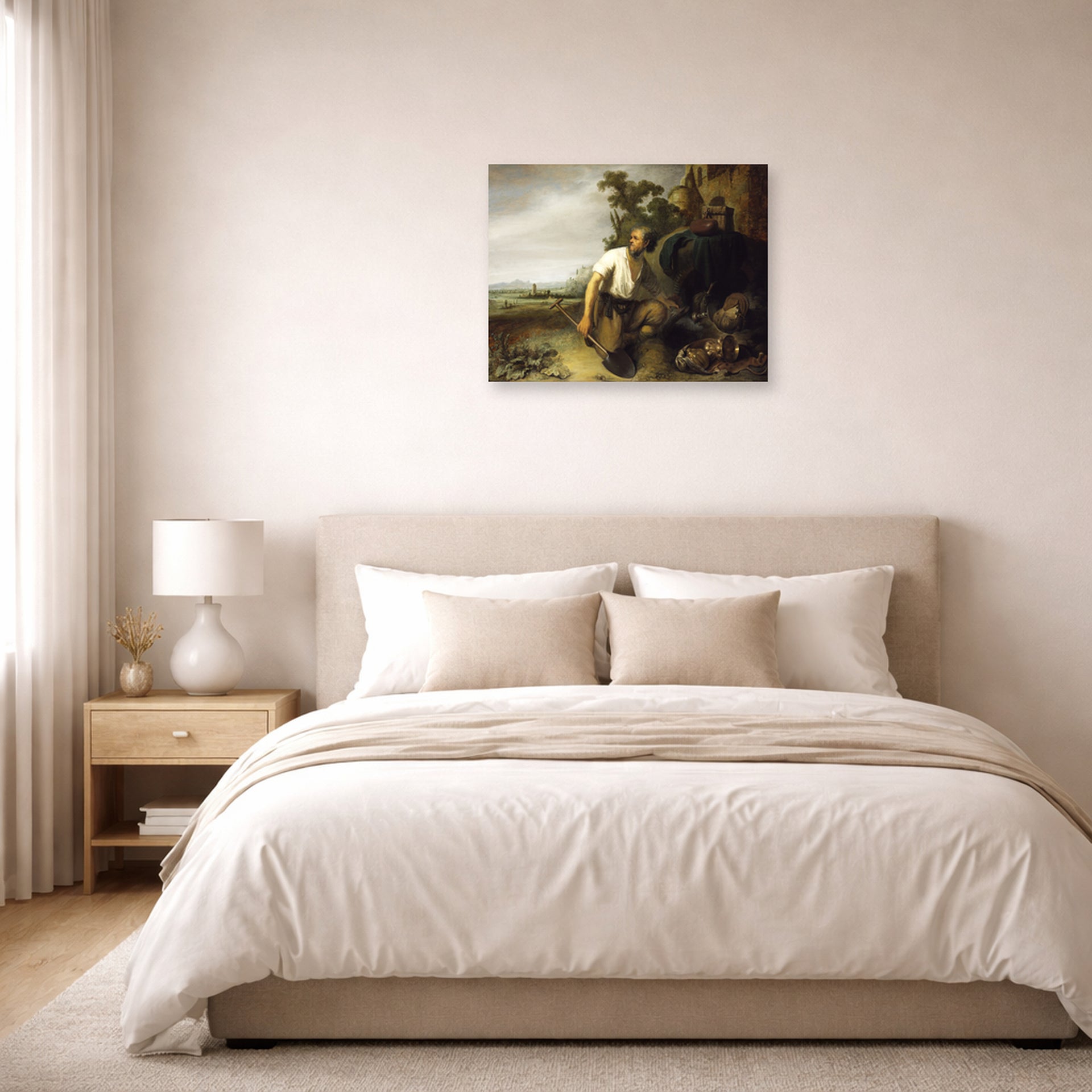 Unframed poster print of Rembrandt's Parable of the Hidden Treasure displayed on a wall in a bedroom
