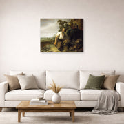 Unframed poster print of Rembrandt's Parable of the Hidden Treasure displayed on a wall in a living room