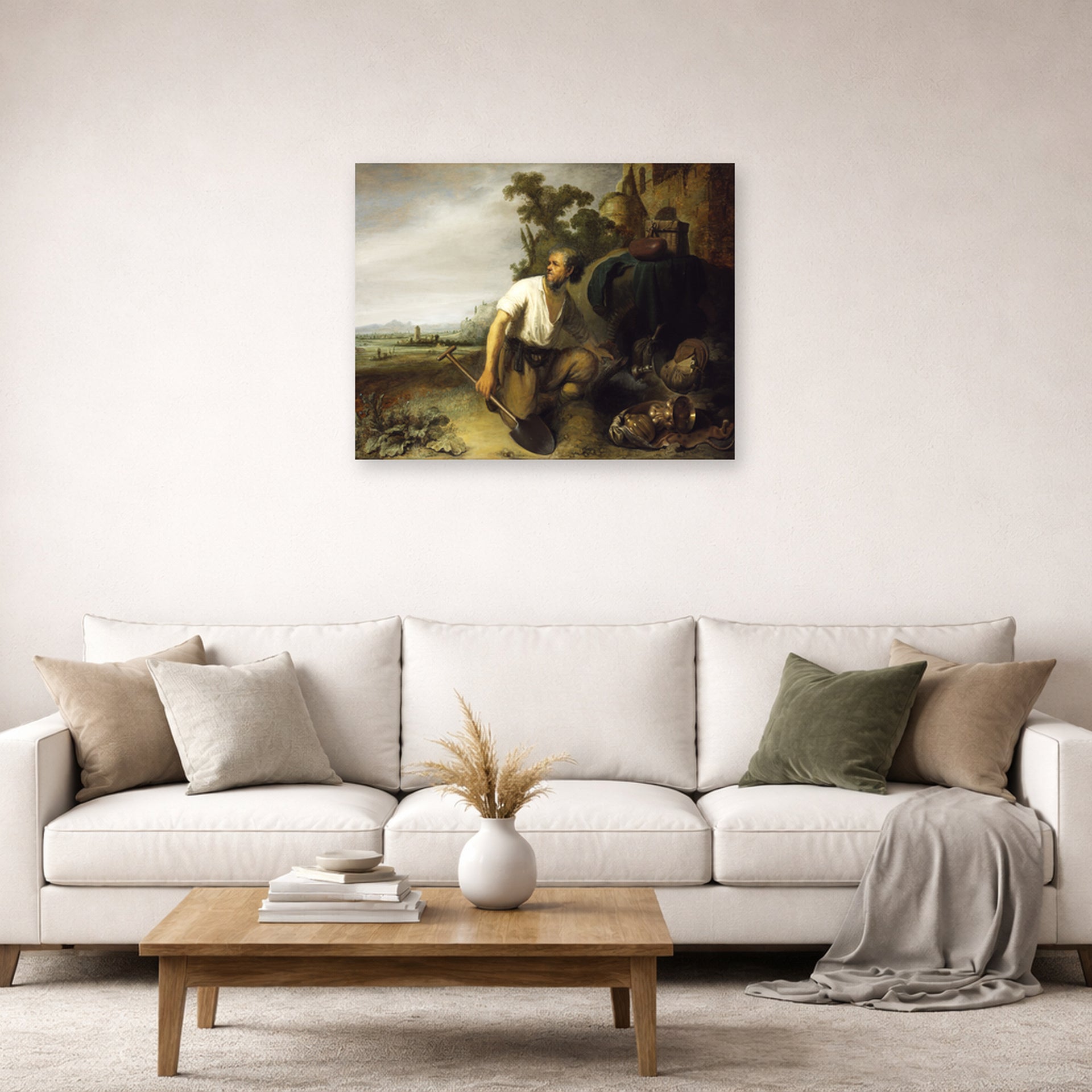 Unframed poster print of Rembrandt's Parable of the Hidden Treasure displayed on a wall in a living room