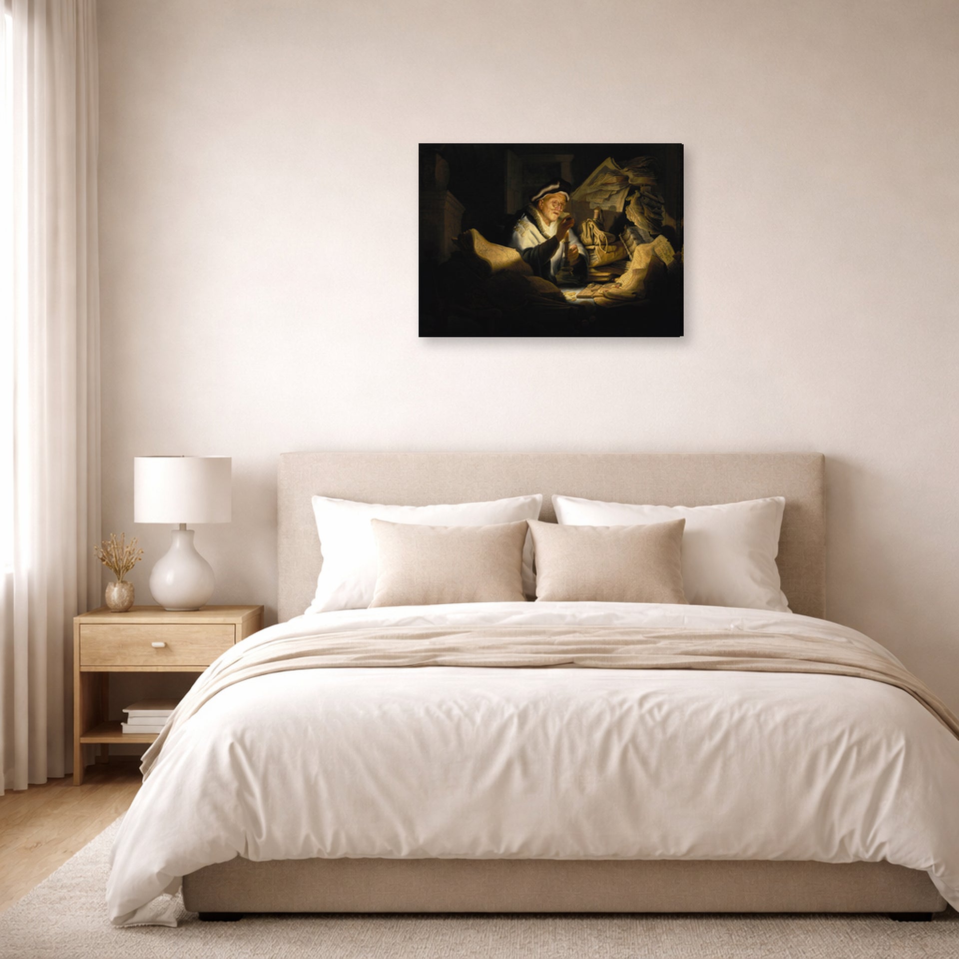 Gallery-wrapped canvas print of Rembrandt's Parable of the Rich Man displayed on a wall in a bedroom