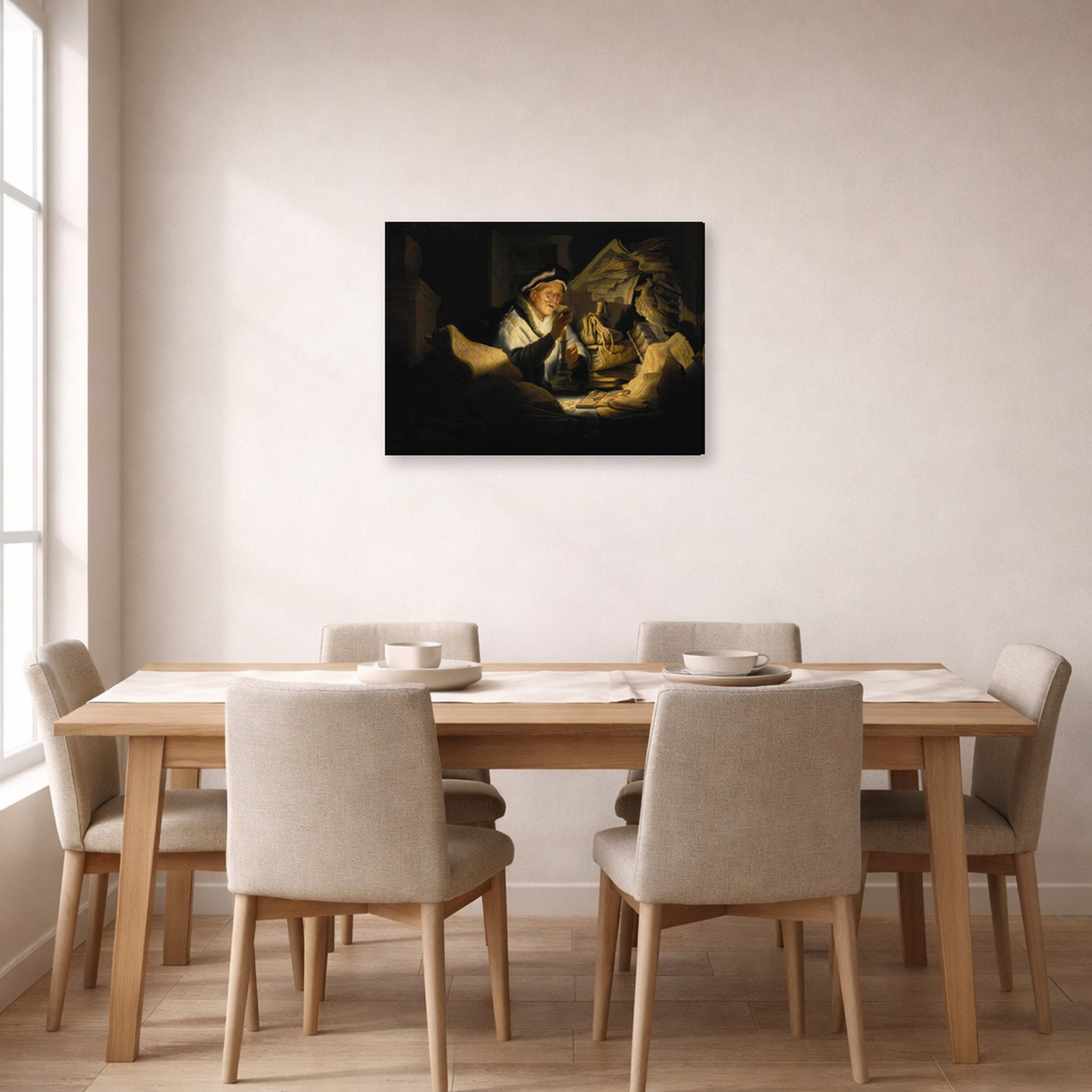 Gallery-wrapped canvas print of Rembrandt's Parable of the Rich Man displayed on a wall in a dining room