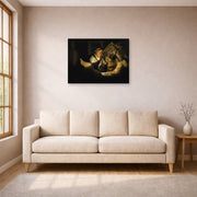 Gallery-wrapped canvas print of Rembrandt's Parable of the Rich Man displayed on a wall in a living room