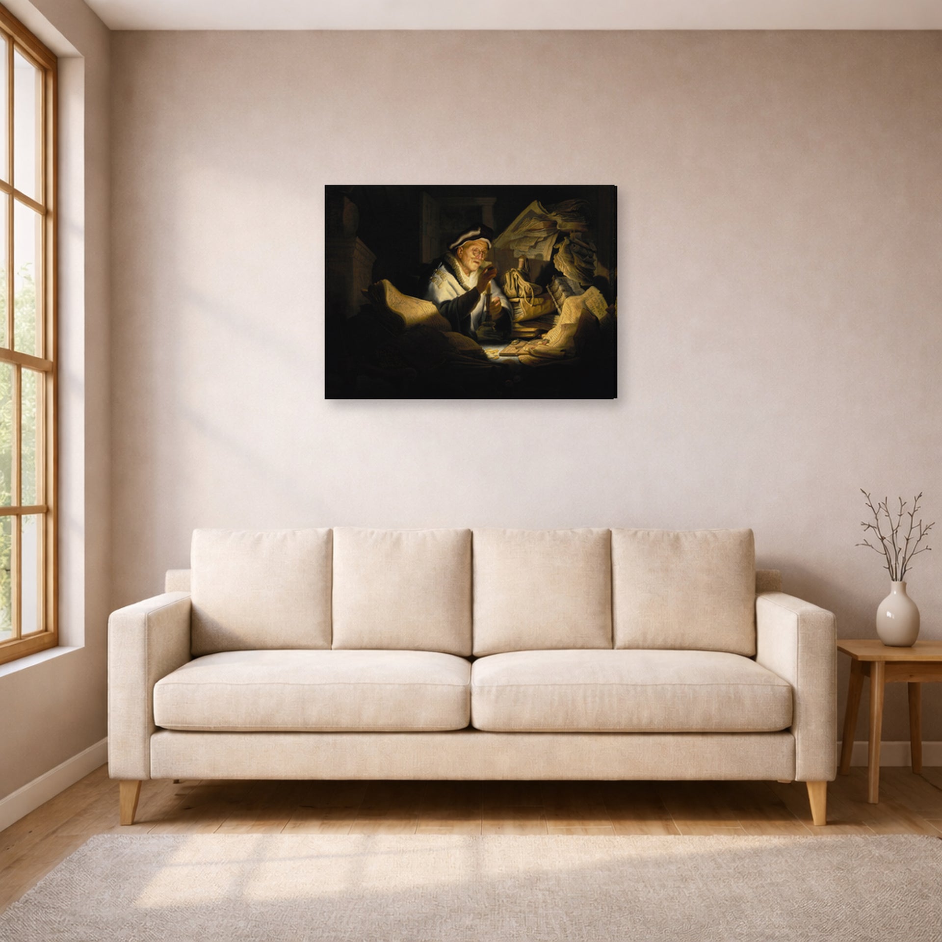 Gallery-wrapped canvas print of Rembrandt's Parable of the Rich Man displayed on a wall in a living room