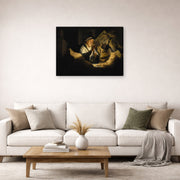 Gallery-wrapped canvas print of Rembrandt's Parable of the Rich Man displayed on a wall in a living room