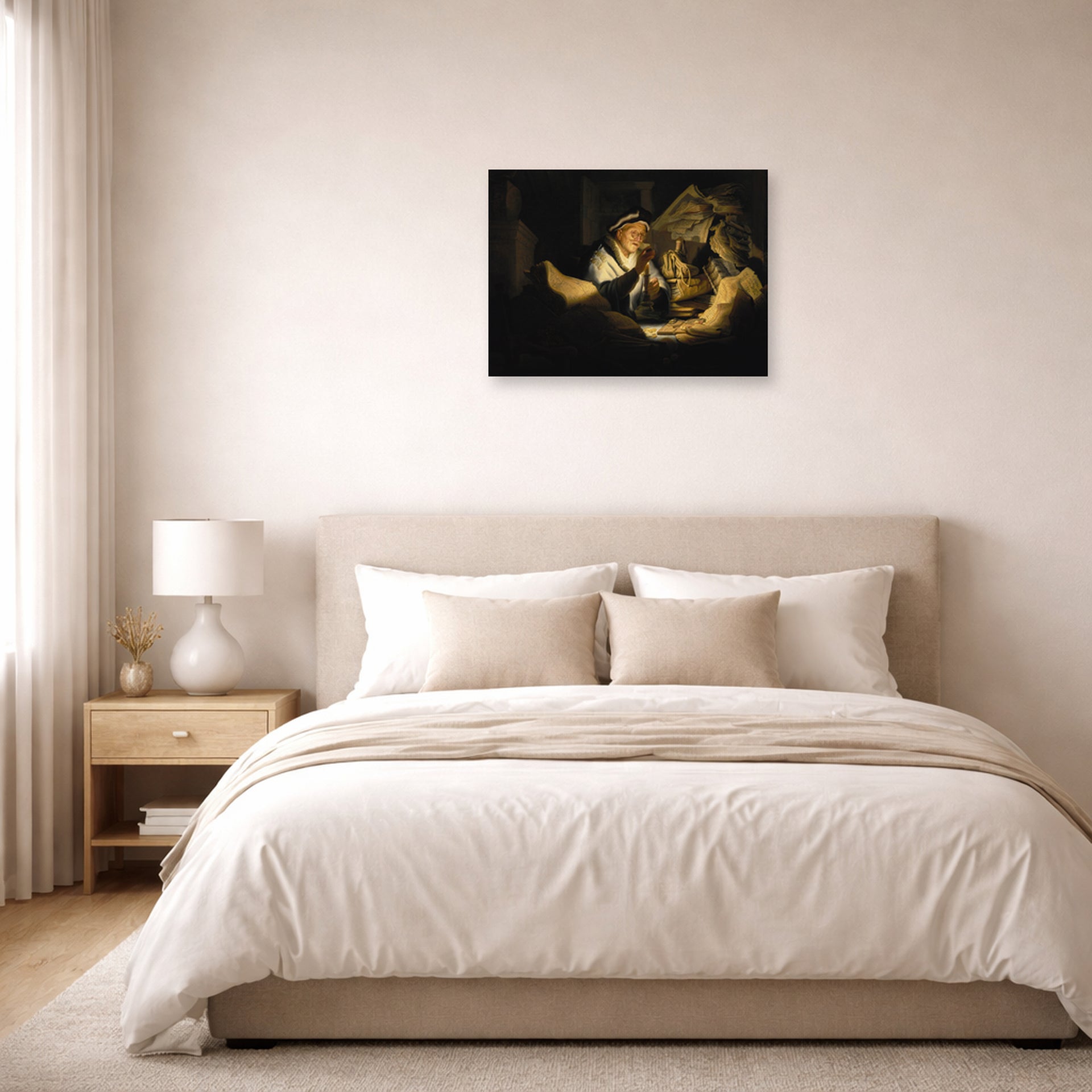 Unframed poster print of Rembrandt's Parable of the Rich Man displayed on a wall in a bedroom