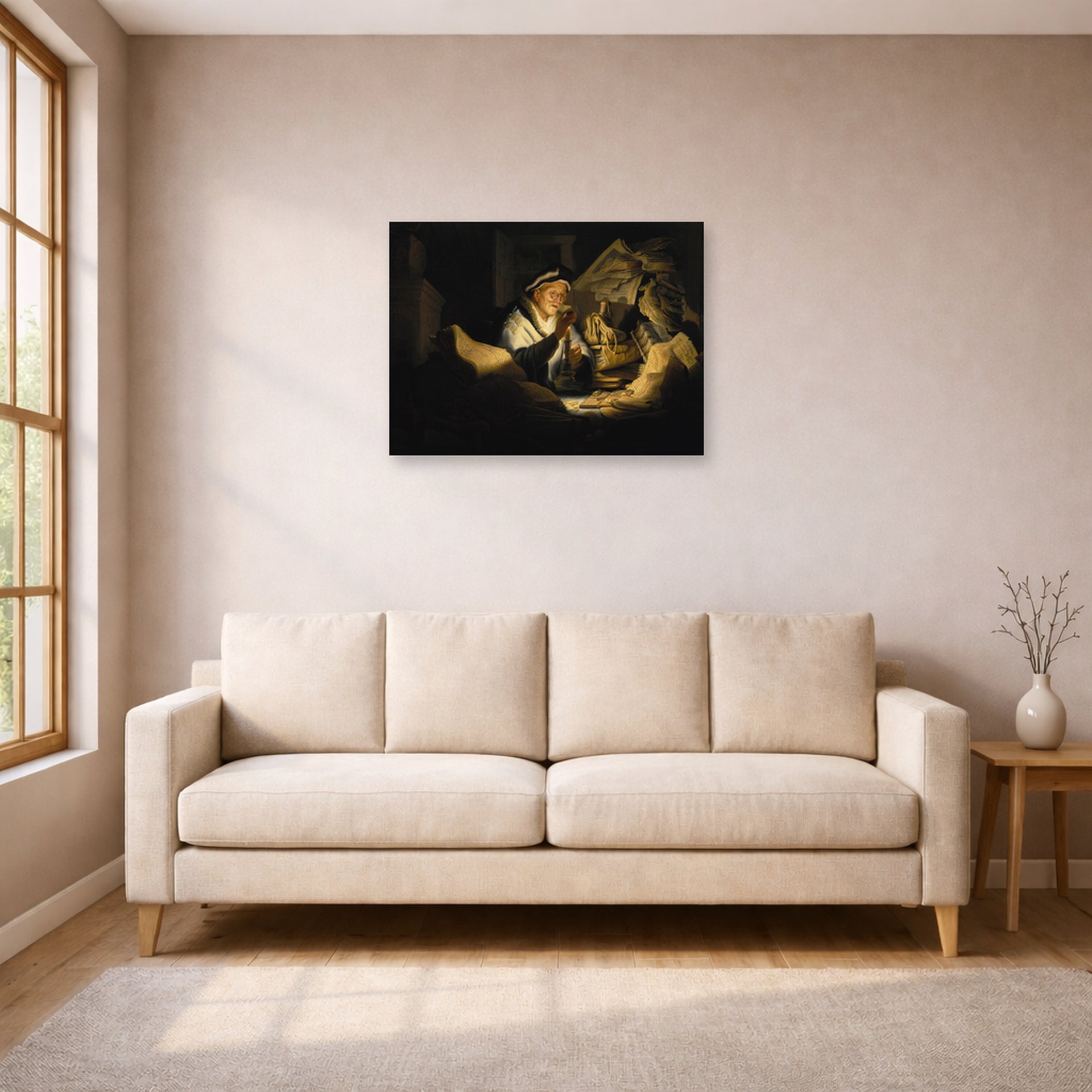 Unframed poster print of Rembrandt's Parable of the Rich Man displayed on a wall in a living room
