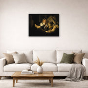 Unframed poster print of Rembrandt's Parable of the Rich Man displayed on a wall in a living room