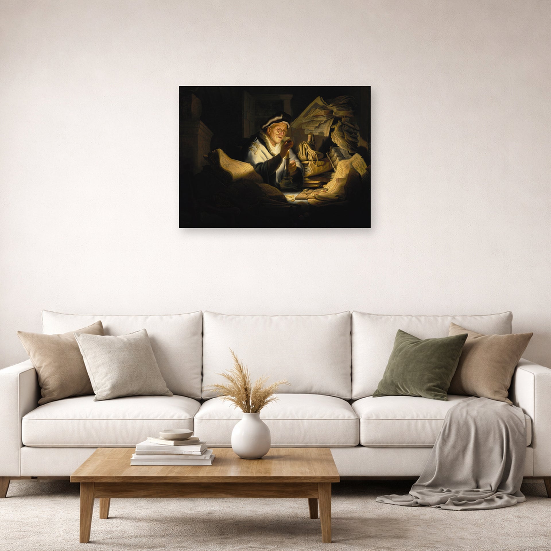 Unframed poster print of Rembrandt's Parable of the Rich Man displayed on a wall in a living room