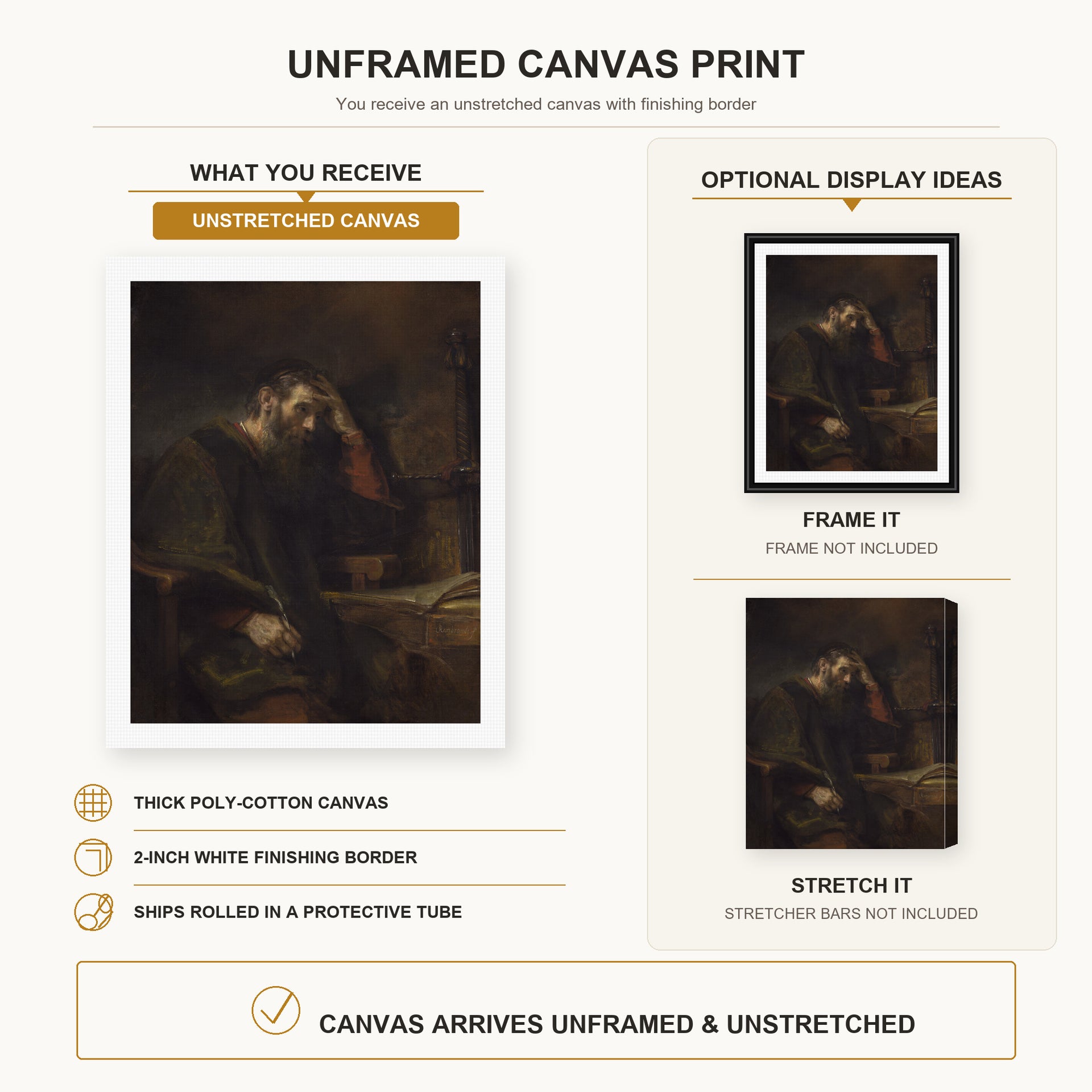 Rembrandt - Paul the Apostle canvas print size comparison and framing display infographic