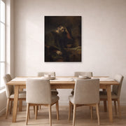 Gallery-wrapped canvas print of Rembrandt's Paul the Apostle displayed on a wall in a dining room