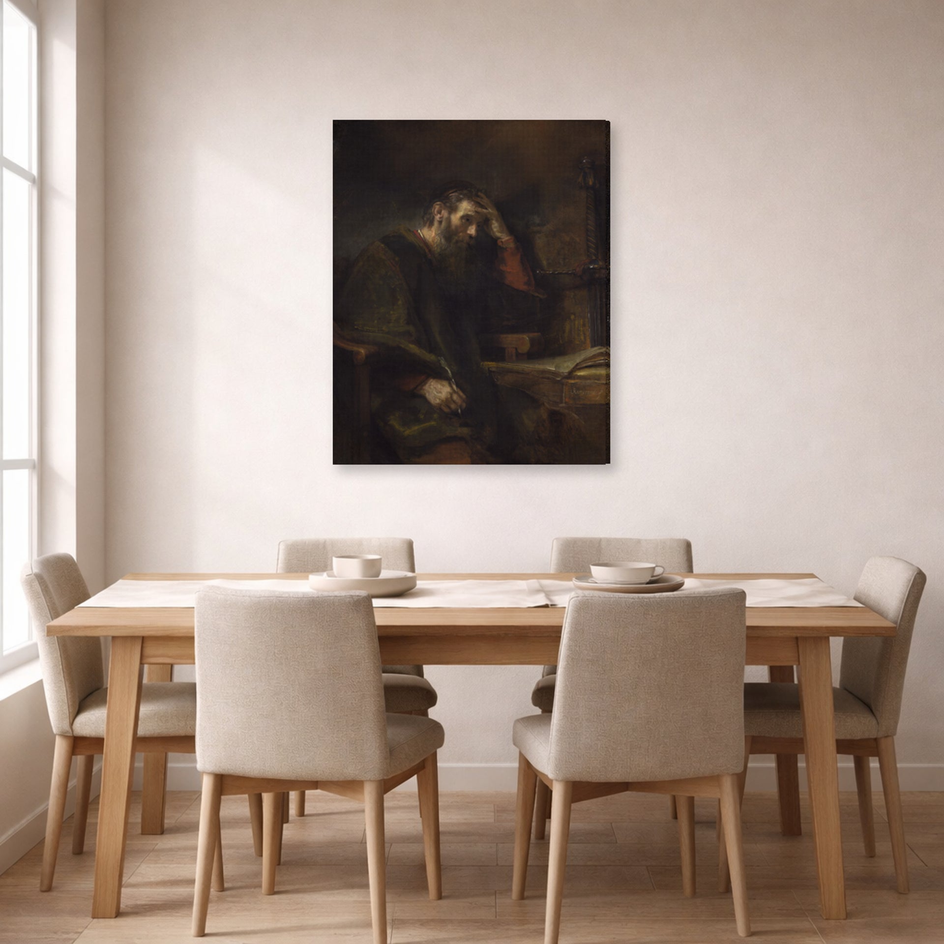 Gallery-wrapped canvas print of Rembrandt's Paul the Apostle displayed on a wall in a dining room